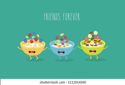 Breakfast, cornflakes, banana, strawberry, berries. Vector illustration. Use for card, poster, banner, web design and print on t-shirt.