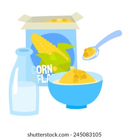 Breakfast: cornflakes box, milk bottle and full bowl of cornflakes, cartoon flat style, vector art illustration icon.