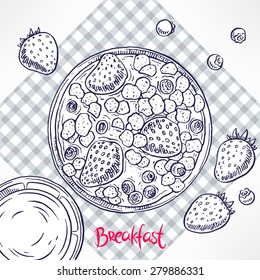 breakfast. cornflakes with milk and berries - blueberries and strawberries. Orange juice. hand-drawn illustration