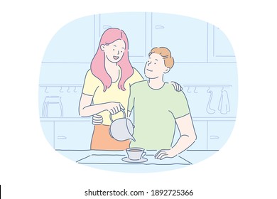 Breakfast, couple togetherness, tea or coffee concept. Young smiling woman cartoon character pouring hot tea from teapot to cup serving her boyfriend or husband in morning feeling happy 