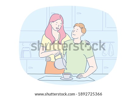 Breakfast, couple togetherness, tea or coffee concept. Young smiling woman cartoon character pouring hot tea from teapot to cup serving her boyfriend or husband in morning feeling happy 