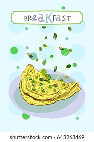 Breakfast cover with scrambled eggs, onion and salad in engraved style. Fully editable vector illustration. Figured table with breakfast lettering.