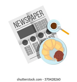 Breakfast croissant with biscuits with coffee top view. Newspaper on table with food illustration. Morning breakfast food and drink. Plates of Breakfast on the table. Breakfast in different cultures.
