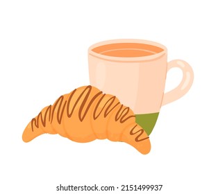 Breakfast croissant with coffee cup. Morning healthy brunch, bakery menu isolated illustration