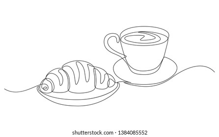 breakfast with croissant and coffee drawn in one line style.