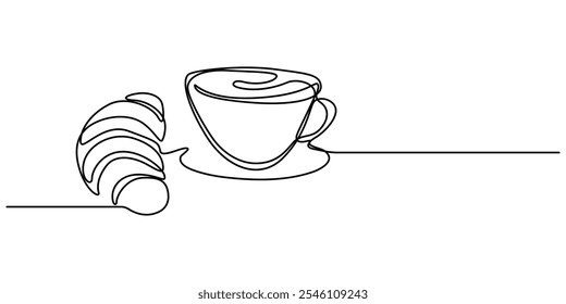 café da manhã com croissant e café desenhado em um estilo de linha, Um croissant desenho de linha contínua com caneca de café. Café da manhã em estilo linear simples. Croissant de pastelaria. Ilustração vetorial isolada.