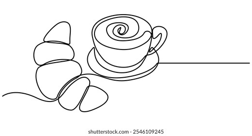 breakfast with croissant and coffee drawn in one line style, One continuous line drawing croissant with coffee mug. Breakfast in simple linear style. Pastry Croissant. Vector illustration isolated.