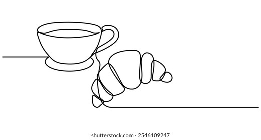 café da manhã com croissant e café desenhado em um estilo de linha, Um croissant desenho de linha contínua com caneca de café. Café da manhã em estilo linear simples. Croissant de pastelaria. Ilustração vetorial isolada.