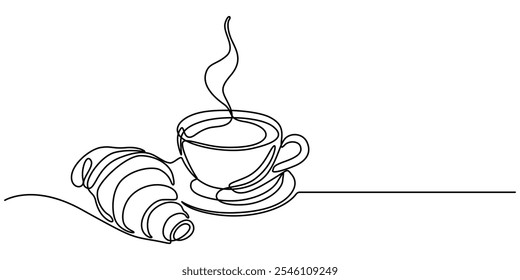 breakfast with croissant and coffee drawn in one line style, One continuous line drawing croissant with coffee mug. Breakfast in simple linear style. Pastry Croissant. Vector illustration isolated.