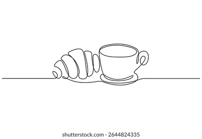 Breakfast with croissant and coffee drawn in one line style, One continuous line drawing croissant with coffee mug. Breakfast in simple linear style. Pastry Croissant. Vector illustration