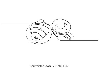 Breakfast with croissant and coffee drawn in one line style, One continuous line drawing croissant with coffee mug. Breakfast in simple linear style. Pastry Croissant. Vector illustration