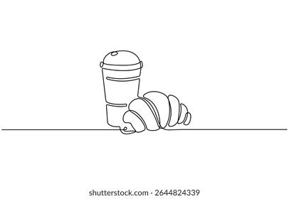 Breakfast with croissant and coffee drawn in one line style, One continuous line drawing croissant with coffee mug. Breakfast in simple linear style. Pastry Croissant. Vector illustration