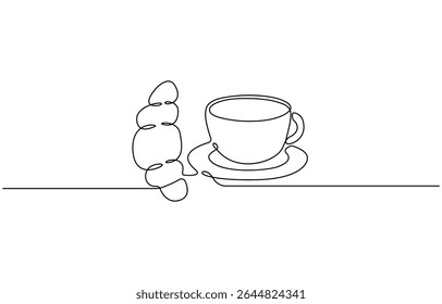 Breakfast with croissant and coffee drawn in one line style, One continuous line drawing croissant with coffee mug. Breakfast in simple linear style. Pastry Croissant. Vector illustration