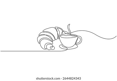 Breakfast with croissant and coffee drawn in one line style, One continuous line drawing croissant with coffee mug. Breakfast in simple linear style. Pastry Croissant. Vector illustration