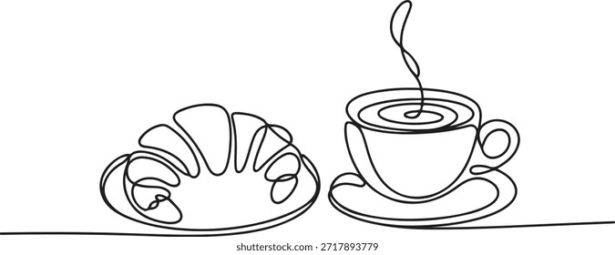café da manhã com croissant e café desenhado em um estilo de linha, Um desenho de linha contínua, Padaria símbolo desenho de arte.
