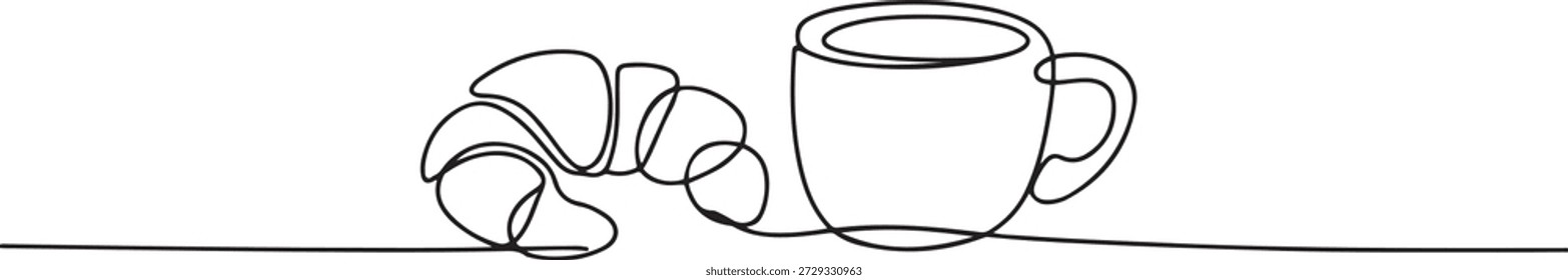 café da manhã com croissant e café desenhado em estilo de uma linha.
