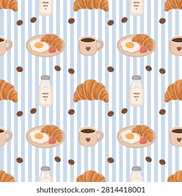 Breakfast croissant and coffee seamless pattern vector illustration, light blue stripes background with fresh milk bottle and roasted coffee beans