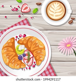 Breakfast croissant with fruits and a cup of coffee on the table illustration