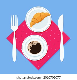 Breakfast croissant on a plate, with a fork and knife and a cup of coffee on a napkin. Vector illustration in flat style EPS 10