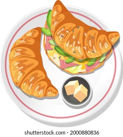 Breakfast croissant sandwich with butter on a plate isolated illustration