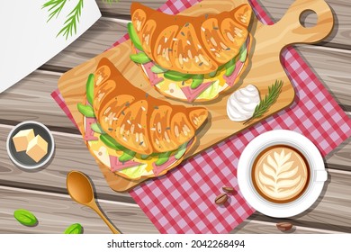 Breakfast Croissant Sandwich With A Cup Of Lemon Tea On The Table Illustration