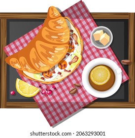 Breakfast croissant sandwich with a cup of lemon tea on a wooden plate isolated illustration