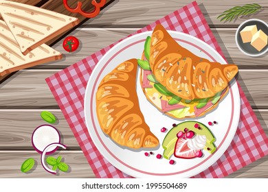 Sándwich de cruasán para el desayuno con verduras y huevos en la ilustración de la mesa