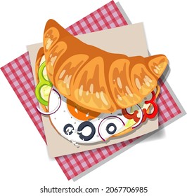 Breakfast croissant sandwich with vegetable and egg isolated illustration