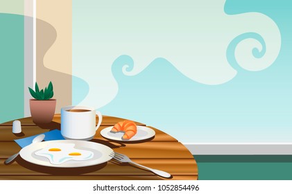 breakfast with croissant, scrambled eggs and coffee. background with copy space for your text