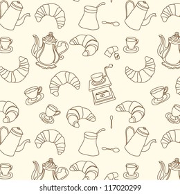 Breakfast croissant seamless doodle vector pattern hand drawn