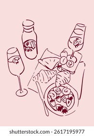 Breakfast with croissants, champagne and fruit. Vector illustration for invitations, postcards and posters. Illustration in the style of Dolce Vita.