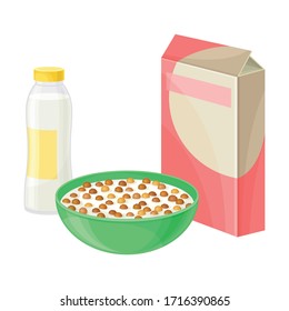 Breakfast Crunchy Cereal Poured in Bowl with Milk or Yogurt Vector Illustration