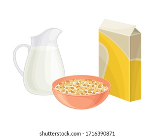 Breakfast Crunchy Cereal Poured in Bowl with Milk Vector Illustration