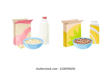 Breakfast Crunchy Cereal Poured in Bowl with Milk or Yogurt in Bottle Vector Set