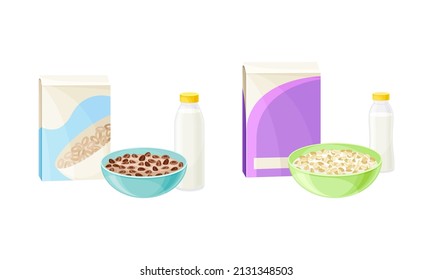 Breakfast Crunchy Cereal Poured in Bowl with Milk or Yogurt in Bottle Vector Set