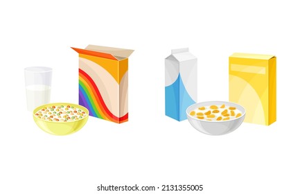 Breakfast Crunchy Cereal Poured in Bowl with Milk in Glass Vector Set