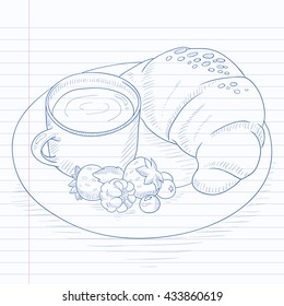 Breakfast with cup of coffee, croissant and berries on plate. Breakfast hand drawn on notebook paper in line background. Breakfast vector sketch illustration.