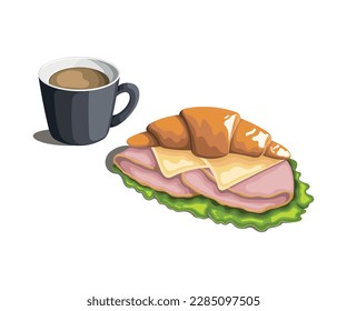 Breakfast. Cup of coffee and croissant with ham, cheese and salad