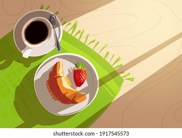 Breakfast. Cup of coffee with croissant, top view.