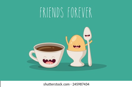 Breakfast. Cup of coffee, egg and spoon. Vector cartoon. Friends forever. You can use in the menu, in the shop, in the bar, the card or stickers. Easy to edit.