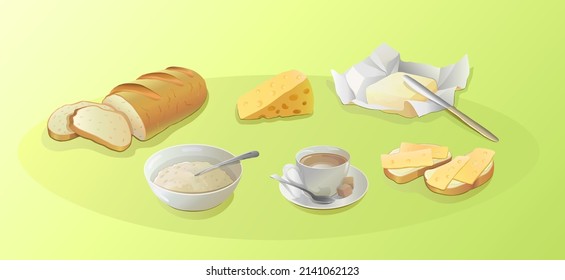 Breakfast. A cup of coffee with milk in a saucer with sugar and a spoon, sandwiches with cheese and butter, oatmeal porridge in a plate, a loaf, cheese and butter for breakfast on a green background.