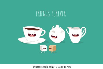 Breakfast, cup of coffee with milk and sugar are friends forever. Use for card, poster, banner, web design and print on t-shirt. Easy to edit. 