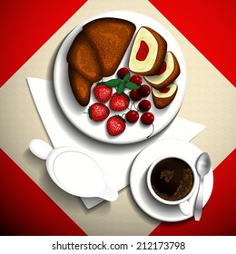 Breakfast of a cup of coffee, milk, a tasty croissant, and berries on a white plate.. Vector illustration.