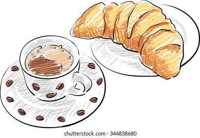 Breakfast. Cup of coffee with roll on white background. Sketch. Hand drawn