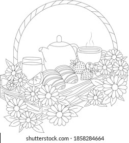 Breakfast with a cup of coffee or tea  with croissant in florals basket, Vector outline illustration for coloring book pages 