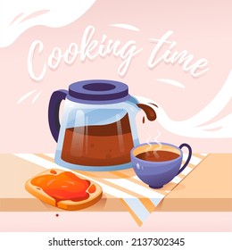 Desayuno con una taza de café y tostadas con mermelada. Cartel del desayuno. Postal. Concepto con desayuno. Ilustración vectorial de dibujos animados.