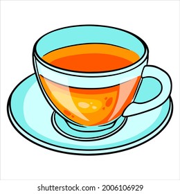 Frühstück. Eine Tasse heißen Tees in einem Glasschorf und auf einem Glassauger. Cartoon-Stil. Vektorgrafik für Design und Dekoration.