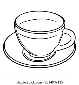 Breakfast. A cup of hot tea in a glass mug and on a glass saucer. Line style. Vector illustration for design and decoration.