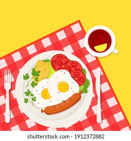 Breakfast. a cup of tea, scrambled eggs with cheese, sausage and tomato slices, toasted slices of bread and herbs . Vector illustration on the background of a checkered tablecloth, flat design