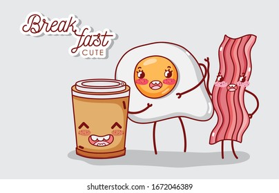 Frühstückscute Frühstücksspeck mit gebratenem Ei und Cartoon Vektorillustration